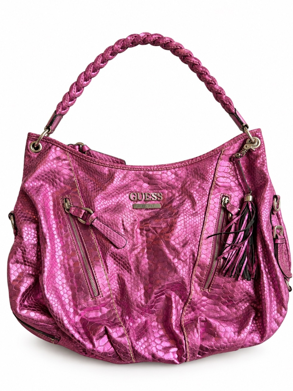 GUESS Y2K Tribeca Metallic Pink Snakeskin Oversized Hobo Bag Braided Strap